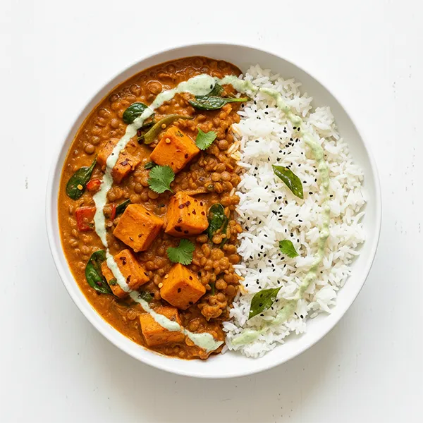 Spicy Lentil & Sweet Potato Coconut Curry with Jasmine Rice